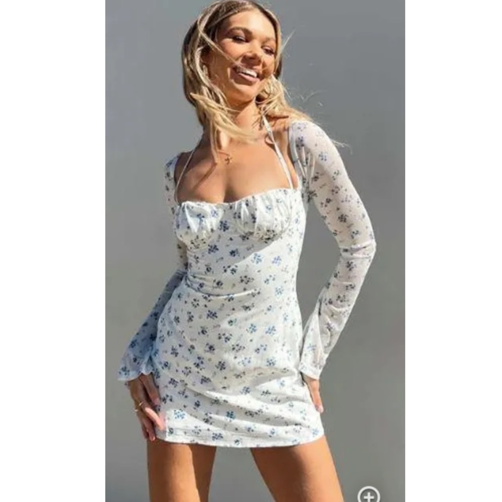 Princess Polly Dyer Sheet Sleeve White and Blue Mini Floral Dress